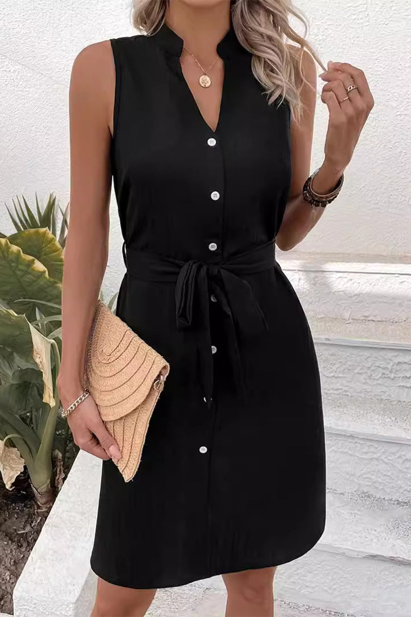 Elegant Solid Buckle V Neck A Line Dresses Black