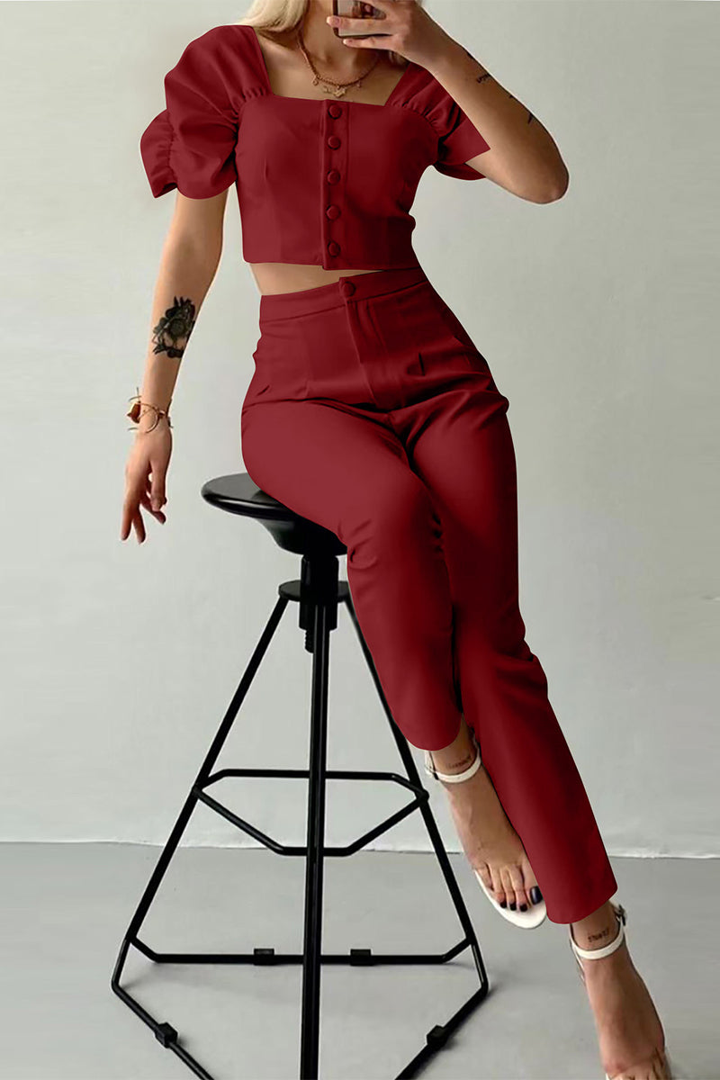 Casual British Style Solid Buttons Fold Square Collar Short Sleeve Two Pieces(7 Colors) Burgundy