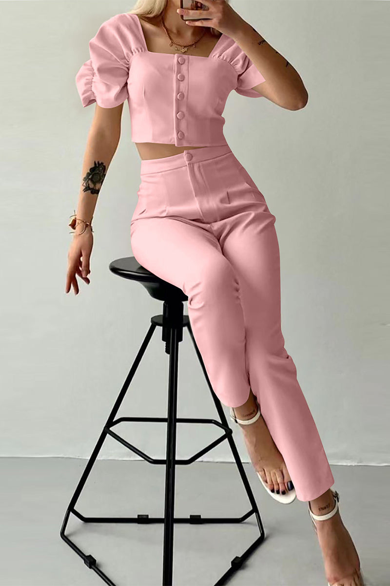 Casual British Style Solid Buttons Fold Square Collar Short Sleeve Two Pieces(7 Colors) Pink