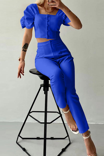 Casual British Style Solid Buttons Fold Square Collar Short Sleeve Two Pieces(7 Colors) Blue