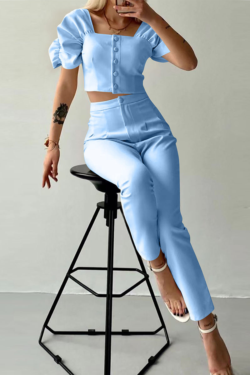 Casual British Style Solid Buttons Fold Square Collar Short Sleeve Two Pieces(7 Colors) Sky Blue