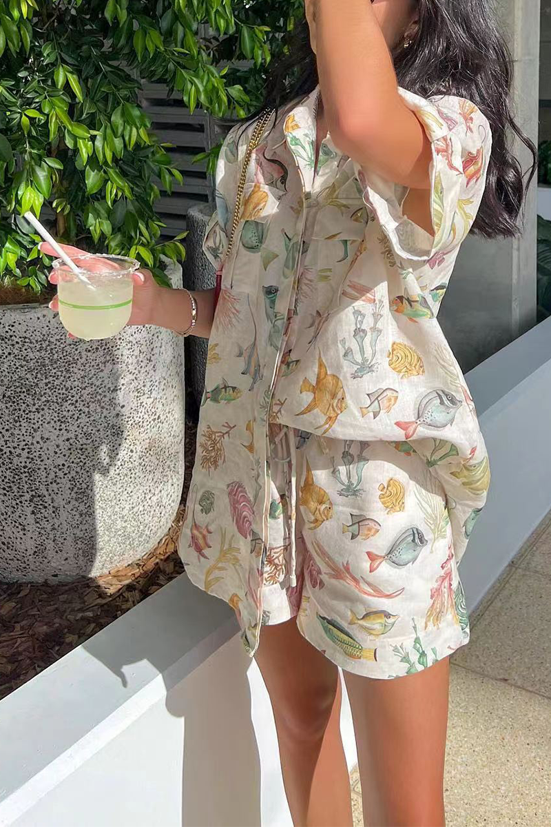 Casual Vacation Print Animal Pocket Turndown Collar Short Sleeve Two Pieces Apricot