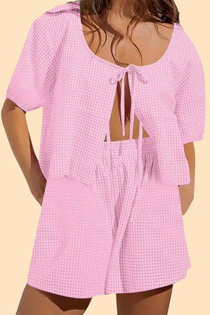 Casual Plaid Bandage Pocket U Neck Short Sleeve Two Pieces(6 Colors) Pink