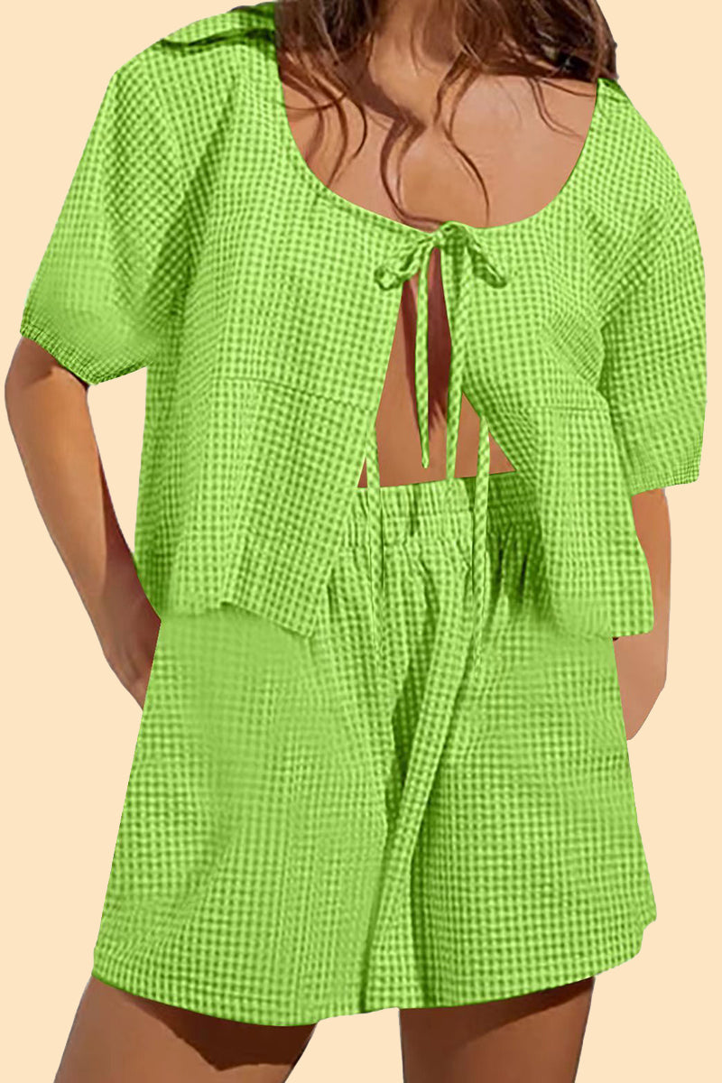 Casual Plaid Bandage Pocket U Neck Short Sleeve Two Pieces(6 Colors) Green