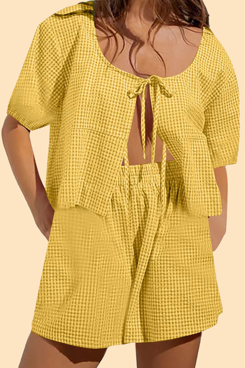 Casual Plaid Bandage Pocket U Neck Short Sleeve Two Pieces(6 Colors) Yellow