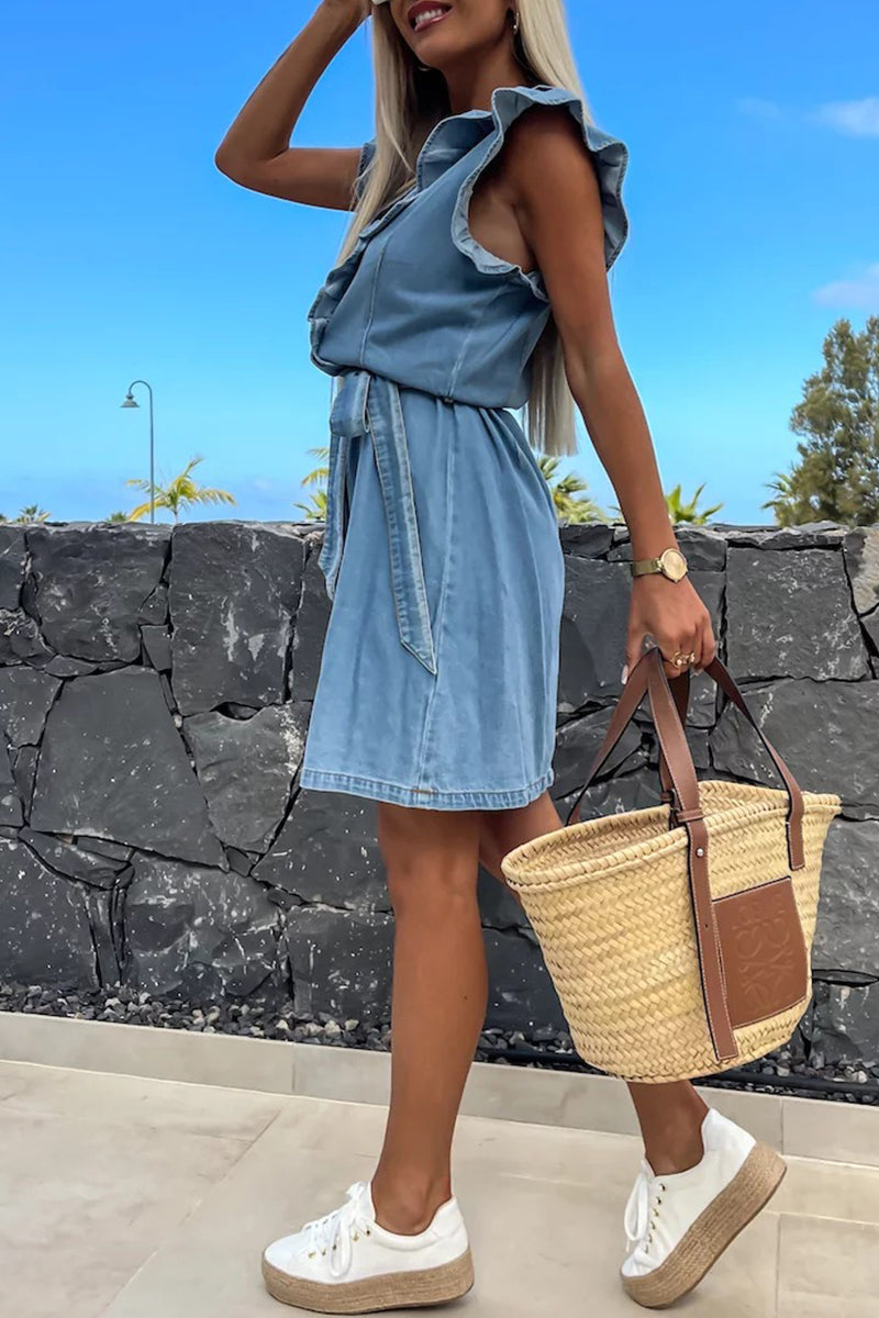 Casual Solid Bandage Flounce V Neck Sleeveless Denim Dresses