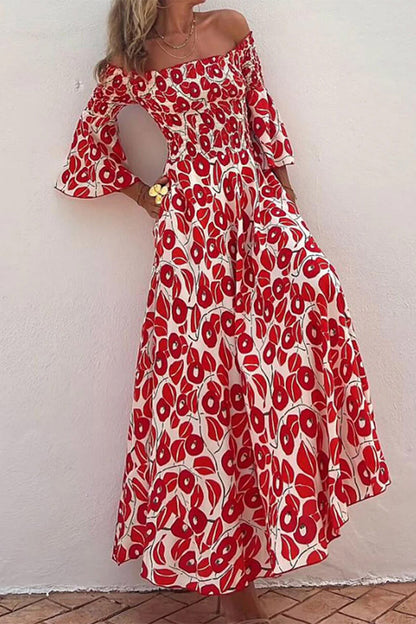 Elegant Floral Pocket Fold Off the Shoulder A Line Dresses