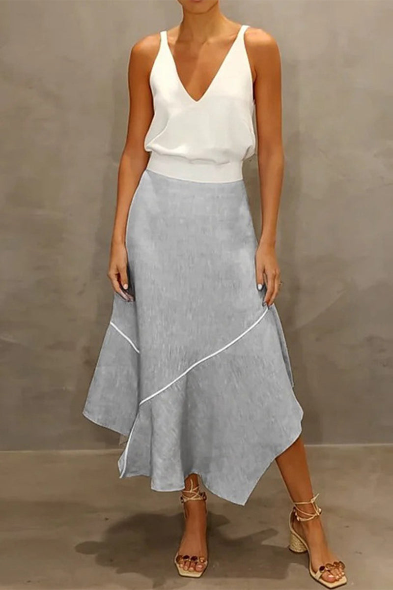 Casual Simplicity Solid Asymmetrical V Neck Sleeveless Two Pieces White