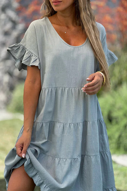 Casual Simplicity Solid Flounce O Neck A Line Short Sleeve Dress(3 Colors)