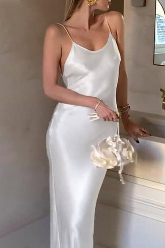 Sexy Solid Backless V Neck Sling Dresses White