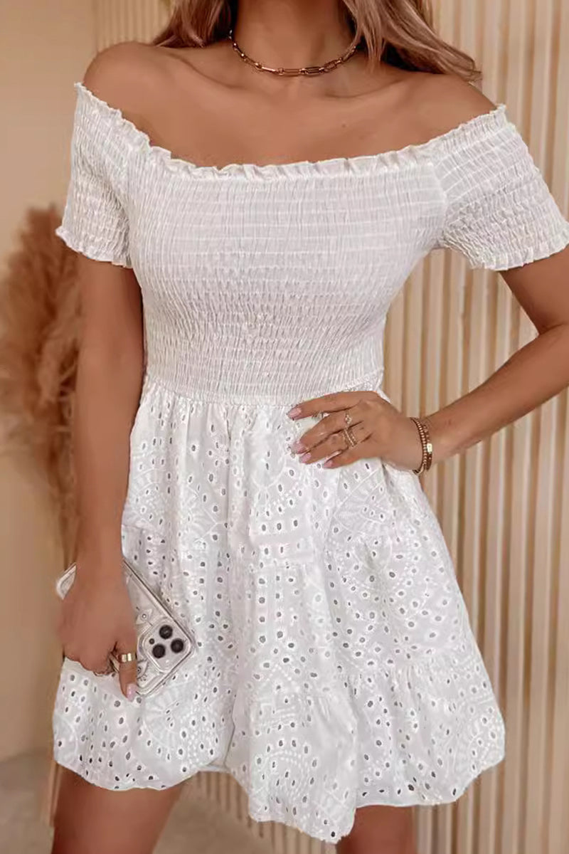 Elegant Solid Hollowed Out Off the Shoulder A Line Dresses White