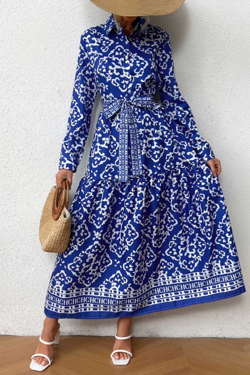 Casual Print Patchwork Shirt Collar Long Sleeve Dresses