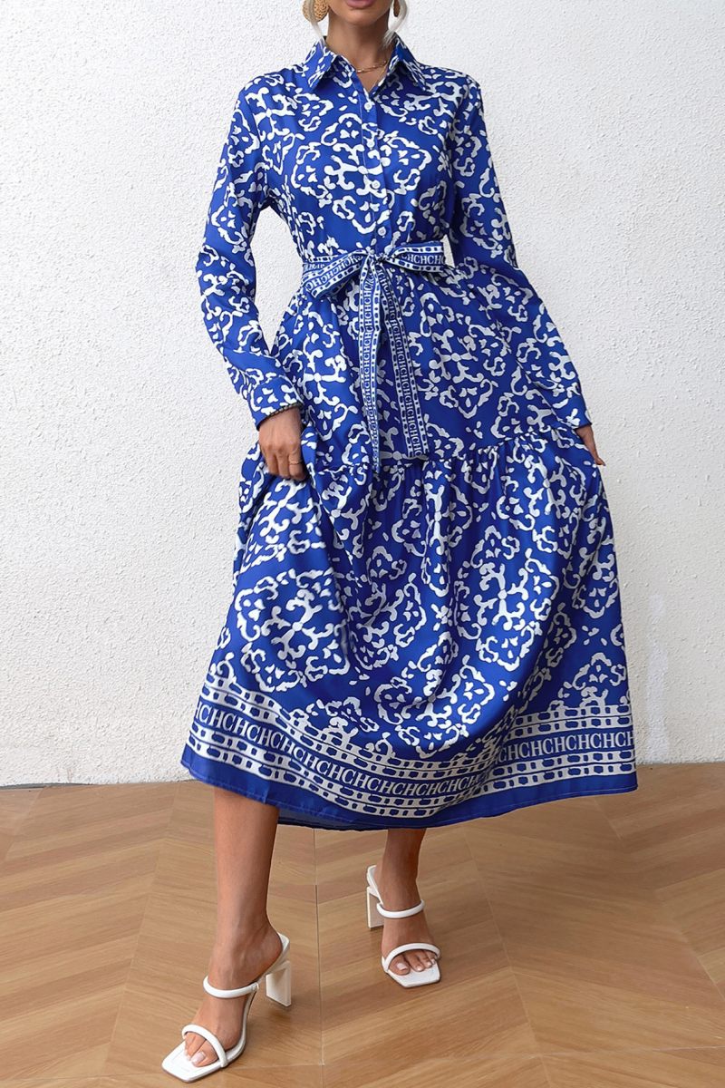 Casual Print Patchwork Shirt Collar Long Sleeve Dresses