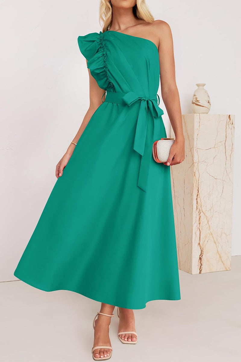 Sweet Elegant Solid Bandage Stringy Selvedge Oblique Collar A Line Dresses(5 Colors) Green