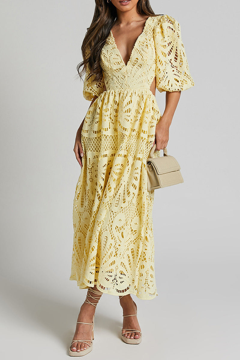 Sexy Solid Lace Embroidered Hollowed Out V Neck A Line Dresses(4 Colors) Light Yellow