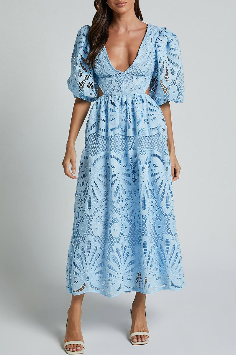 Sexy Solid Lace Embroidered Hollowed Out V Neck A Line Dresses(4 Colors) Light Blue