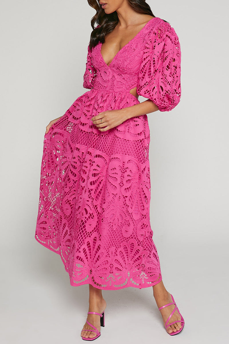 Sexy Solid Lace Embroidered Hollowed Out V Neck A Line Dresses(4 Colors) Rose Red