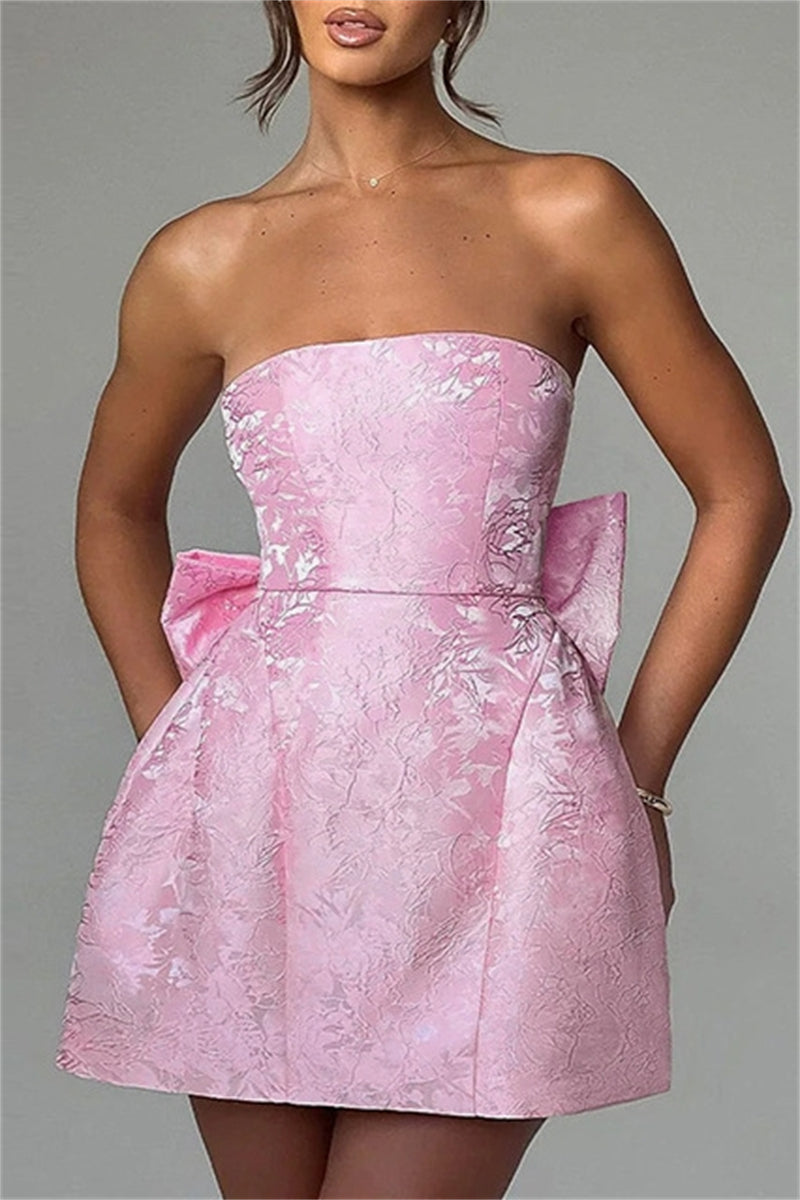 Sexy Solid Patchwork Backless With Bow Strapless A Line Dresses Pink