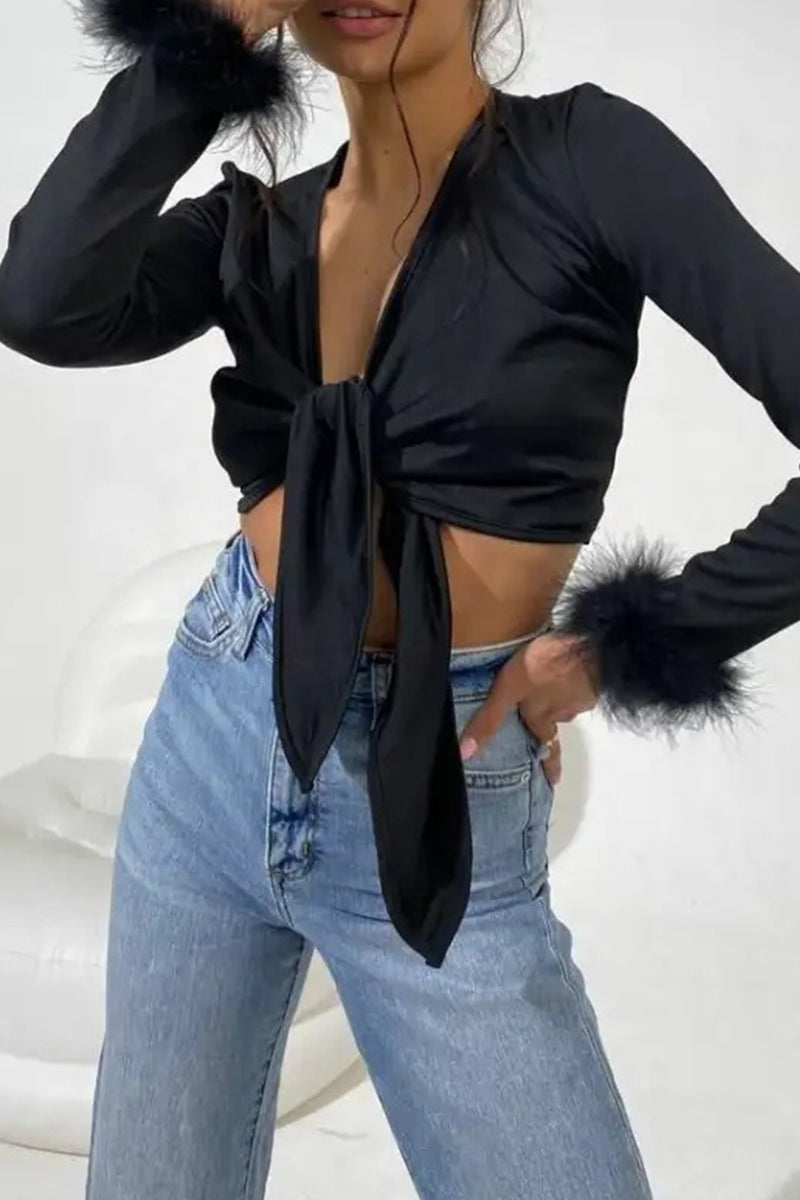 Sexy Solid Feathers Knotted V Neck Tops(4 Colors) Black