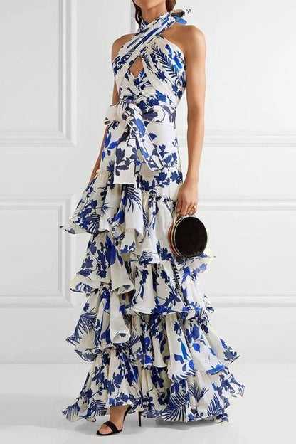 Elegant Floral Flounce Asymmetrical Halter Irregular Dresses Blue