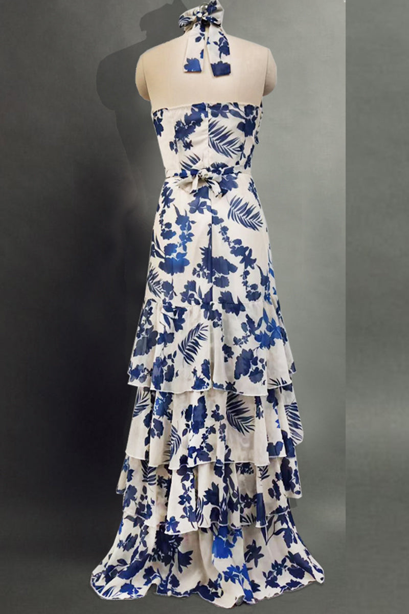 Elegant Floral Flounce Asymmetrical Halter Irregular Dresses