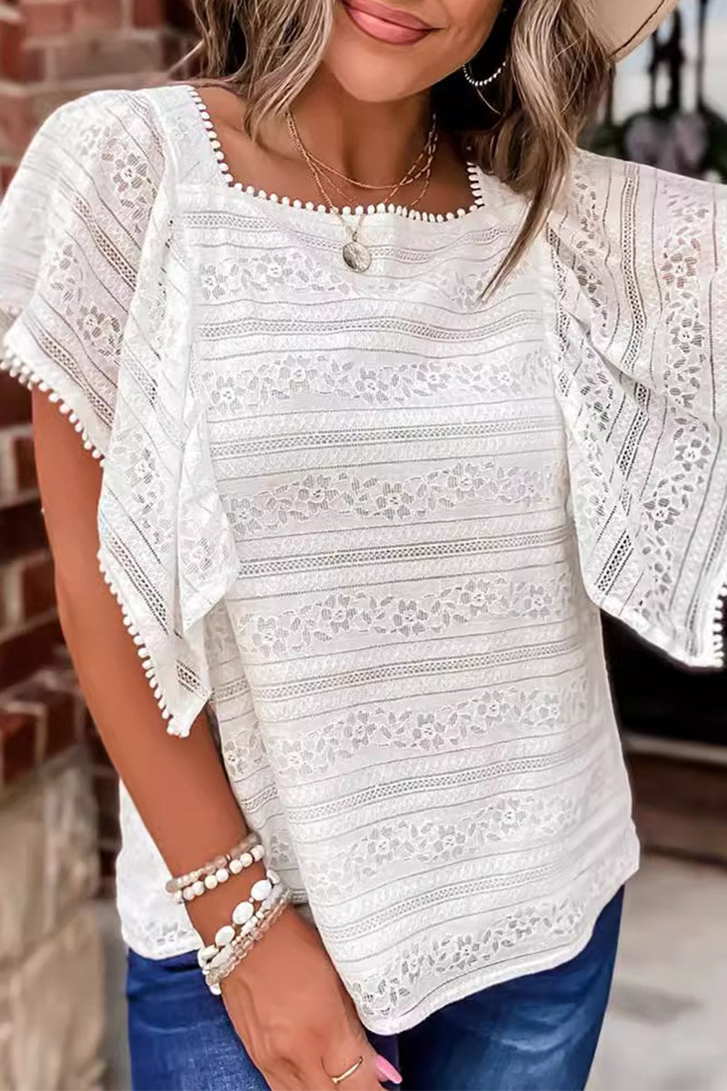 Casual Simplicity Solid Lace Hollowed Out O Neck Blouses