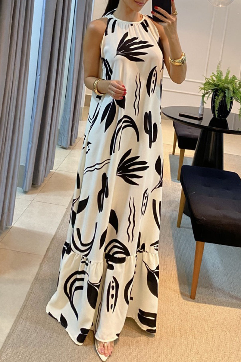 Elegant Geometric Print Fold Without Belt O Neck Printed Dresses White