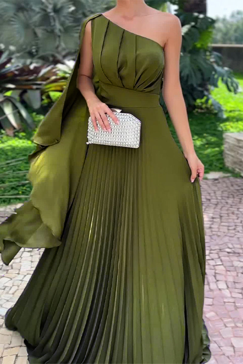 Elegant Solid Fold Stringy Selvedge Pleated Oblique Collar Evening Dresses Olive Green