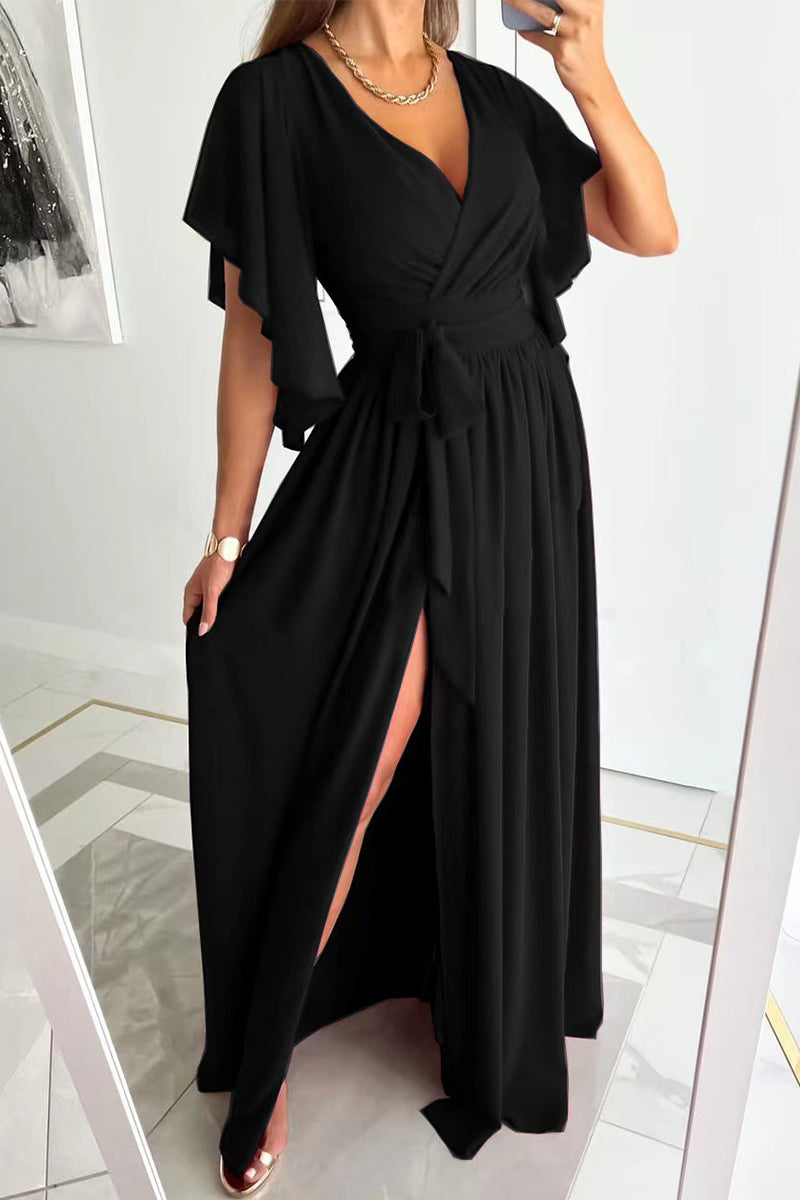 Elegant Solid Frenulum Flounce V Neck A Line Dresses(4 Colors) Black