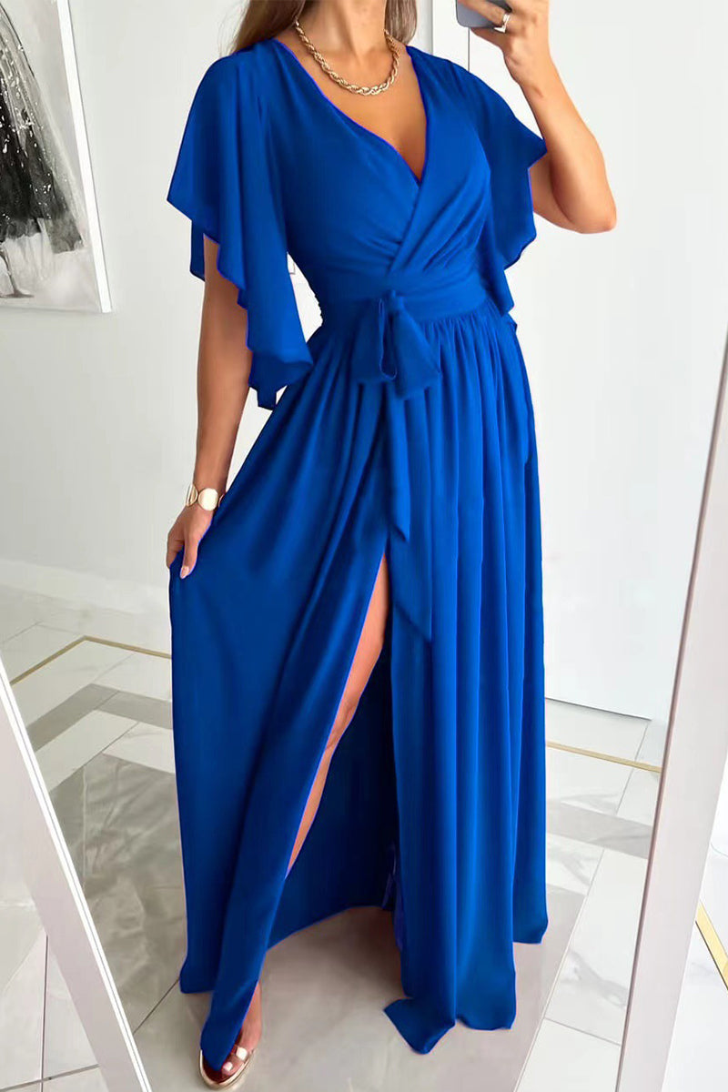 Elegant Solid Frenulum Flounce V Neck A Line Dresses(4 Colors) Blue