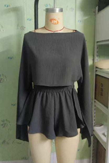 Casual Solid Fold Oblique Collar Long Sleeve Two Pieces(No waistband)