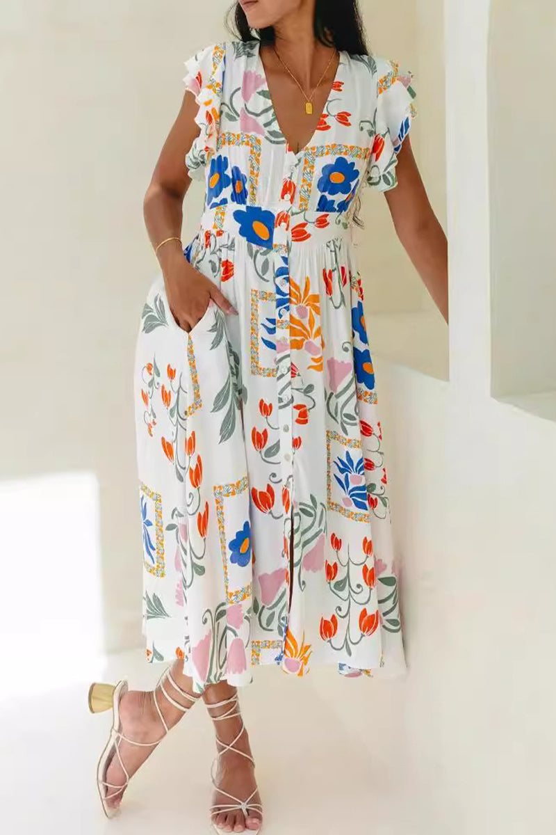 Bohemian Elegant Not Positioning Printed Flowers Pocket V Neck A Line Dresses