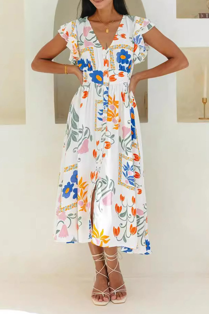 Bohemian Elegant Not Positioning Printed Flowers Pocket V Neck A Line Dresses