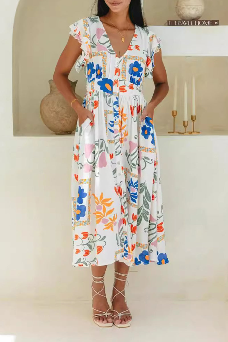 Bohemian Elegant Not Positioning Printed Flowers Pocket V Neck A Line Dresses