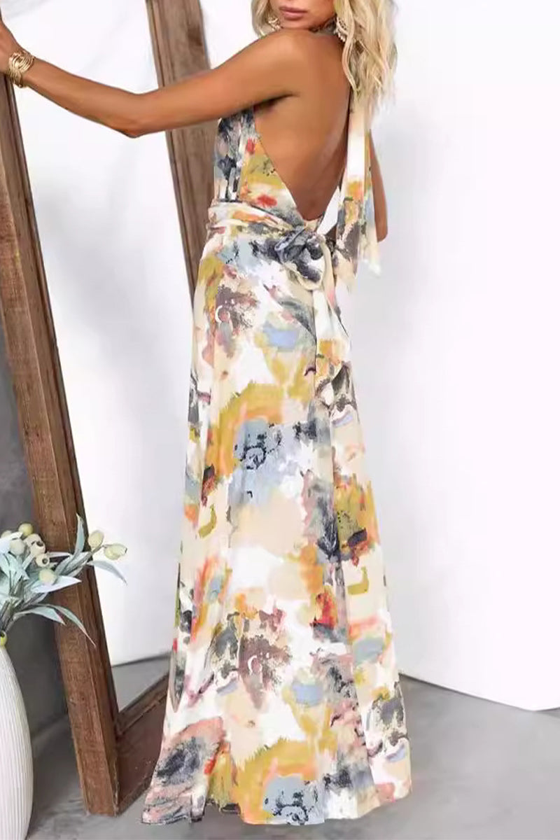 Sexy Gradient Print Frenulum Backless Contrast Halter Printed Dresses(3 Colors)