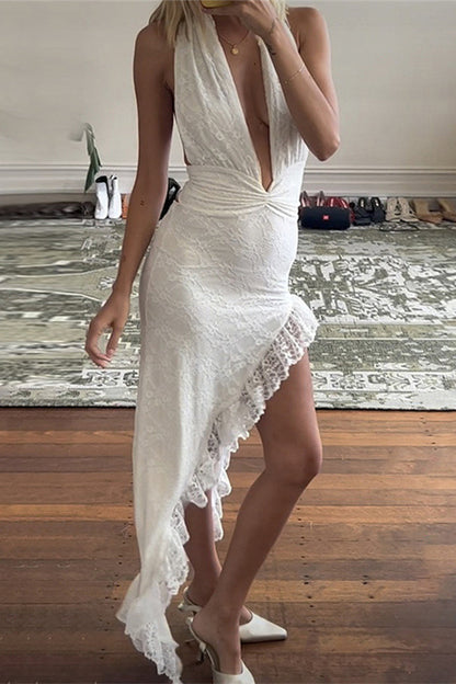 Sexy Solid Lace Flounce V Neck Irregular Dresses White