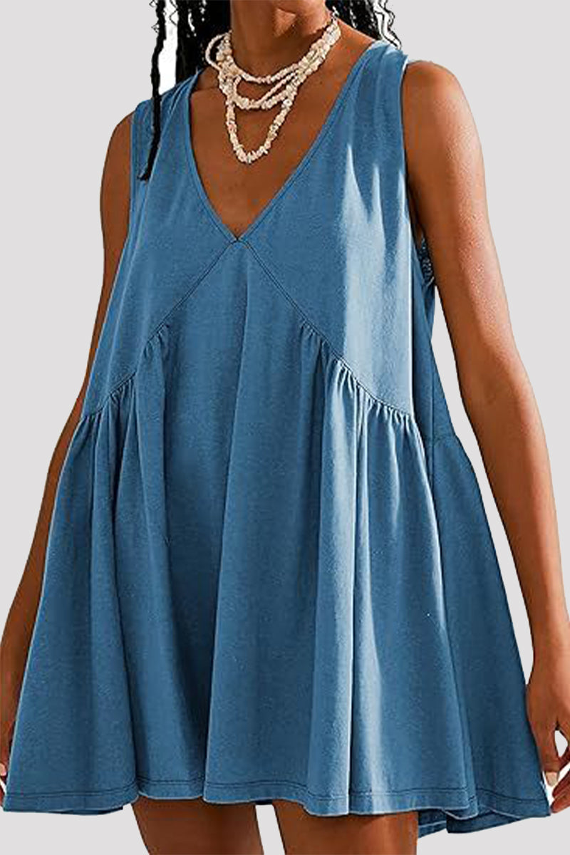 Casual Simplicity Solid Pocket V Neck Sleeveless Dresses(4 Colors) Blue