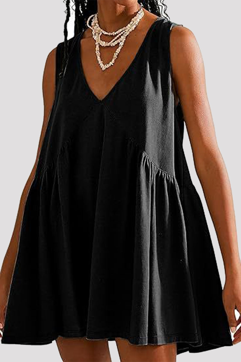 Casual Simplicity Solid Pocket V Neck Sleeveless Dresses(4 Colors) Black