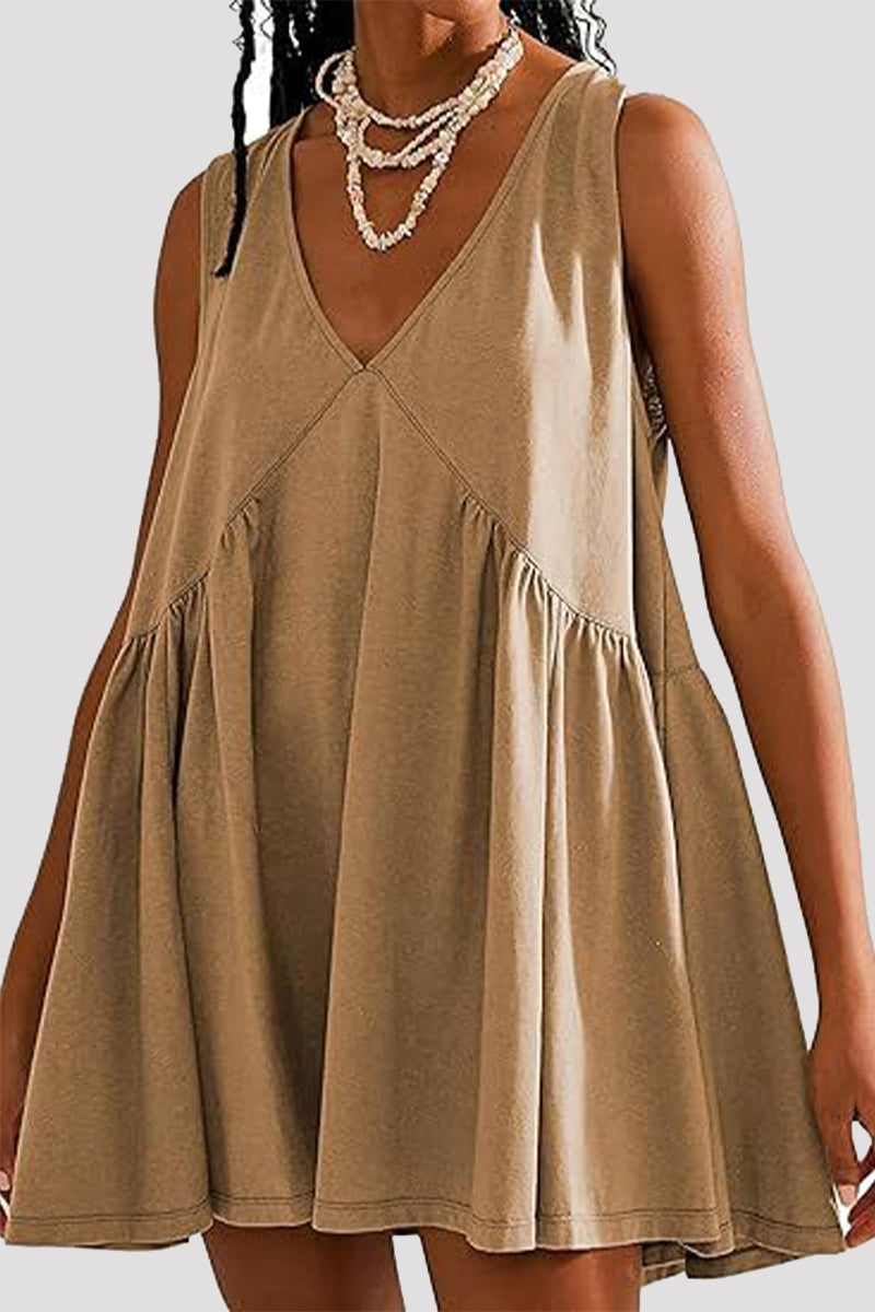 Casual Simplicity Solid Pocket V Neck Sleeveless Dresses(4 Colors) Khaki