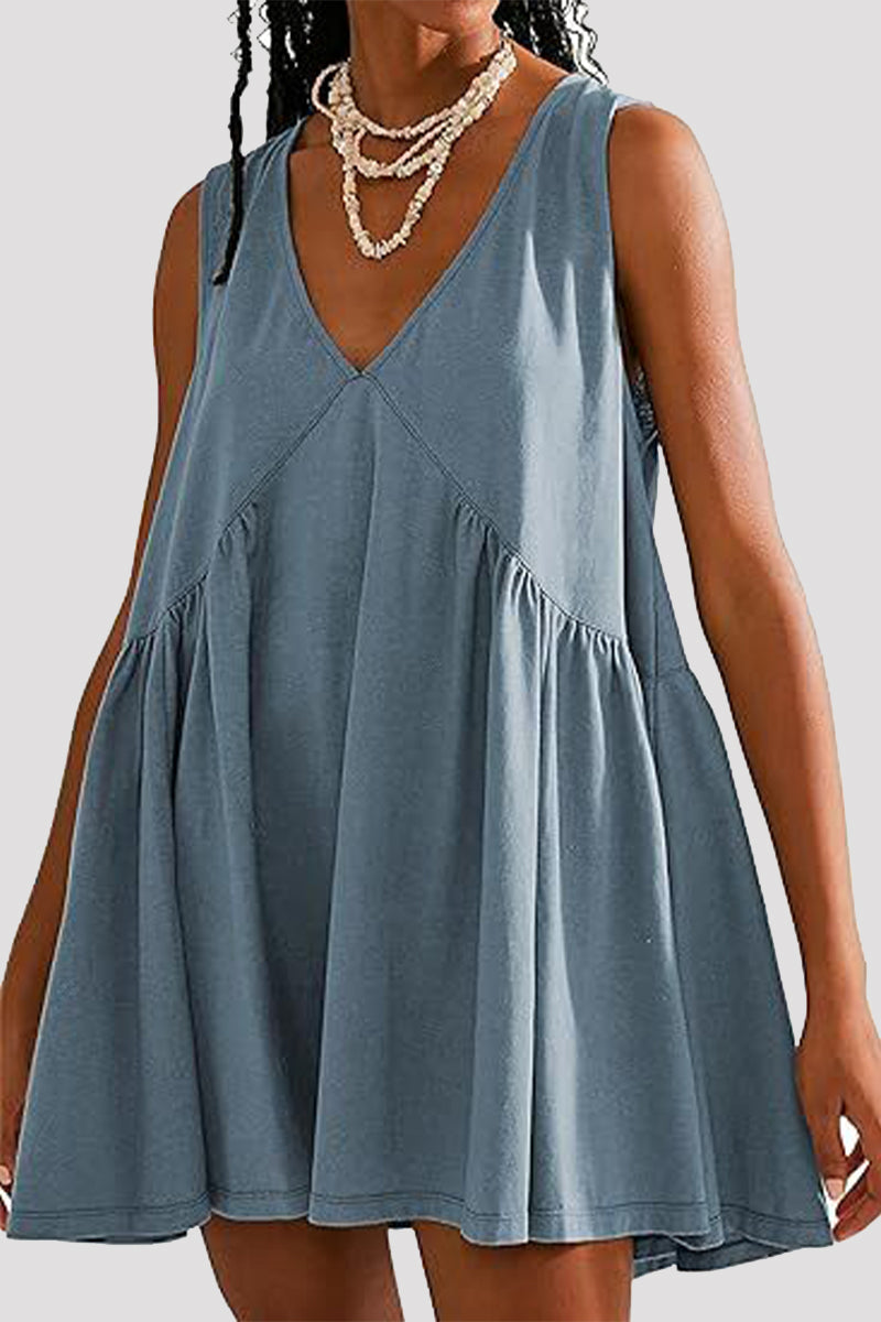 Casual Simplicity Solid Pocket V Neck Sleeveless Dresses(4 Colors) Gray Blue