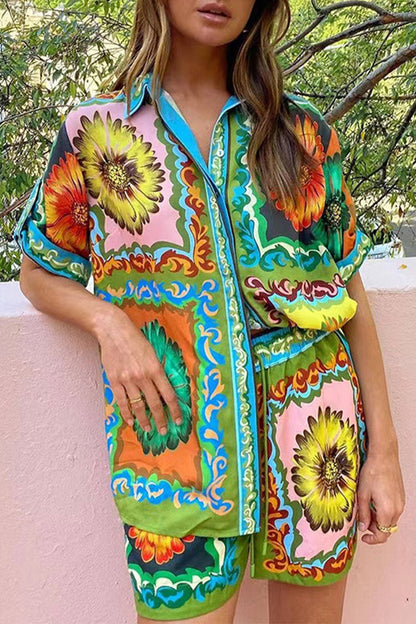 Casual Vacation Print Flowers Patchwork Turndown Collar Short Sleeve Two Pieces Green