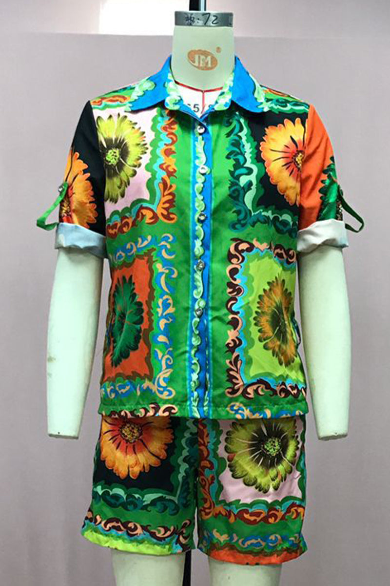 Casual Vacation Print Flowers Patchwork Turndown Collar Short Sleeve Two Pieces