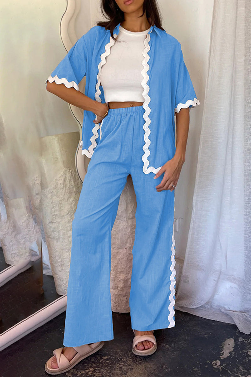 Casual Simplicity Solid Ripple Patchwork Boat Neck Long Sleeve Two Pieces Sky Blue