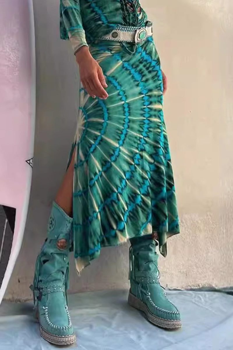 Casual College Print Tie Dye Slit Loose High Waist Type A Full Print Bottoms Green