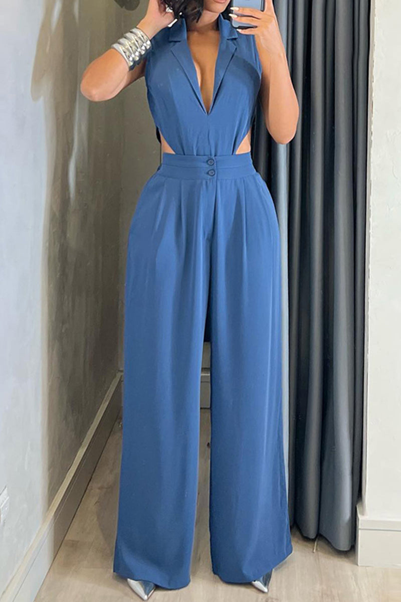 Casual Solid Hollowed Out Patchwork Turndown Collar Straight Jumpsuits