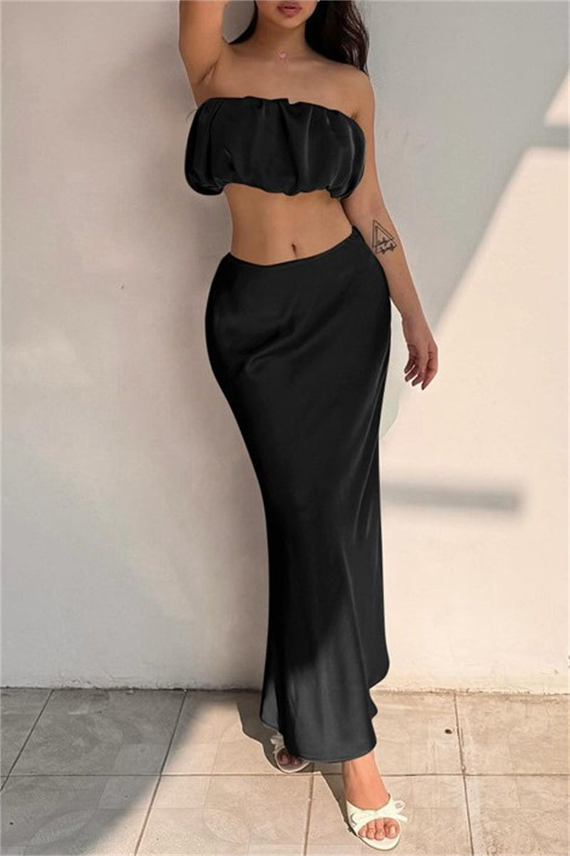 Sexy Solid Backless Strapless Sleeveless Two Pieces Black