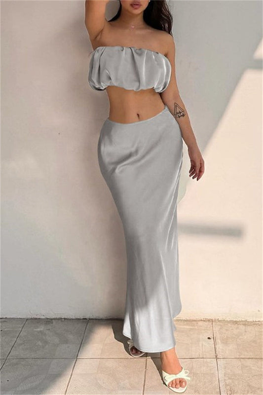 Sexy Solid Backless Strapless Sleeveless Two Pieces Silver