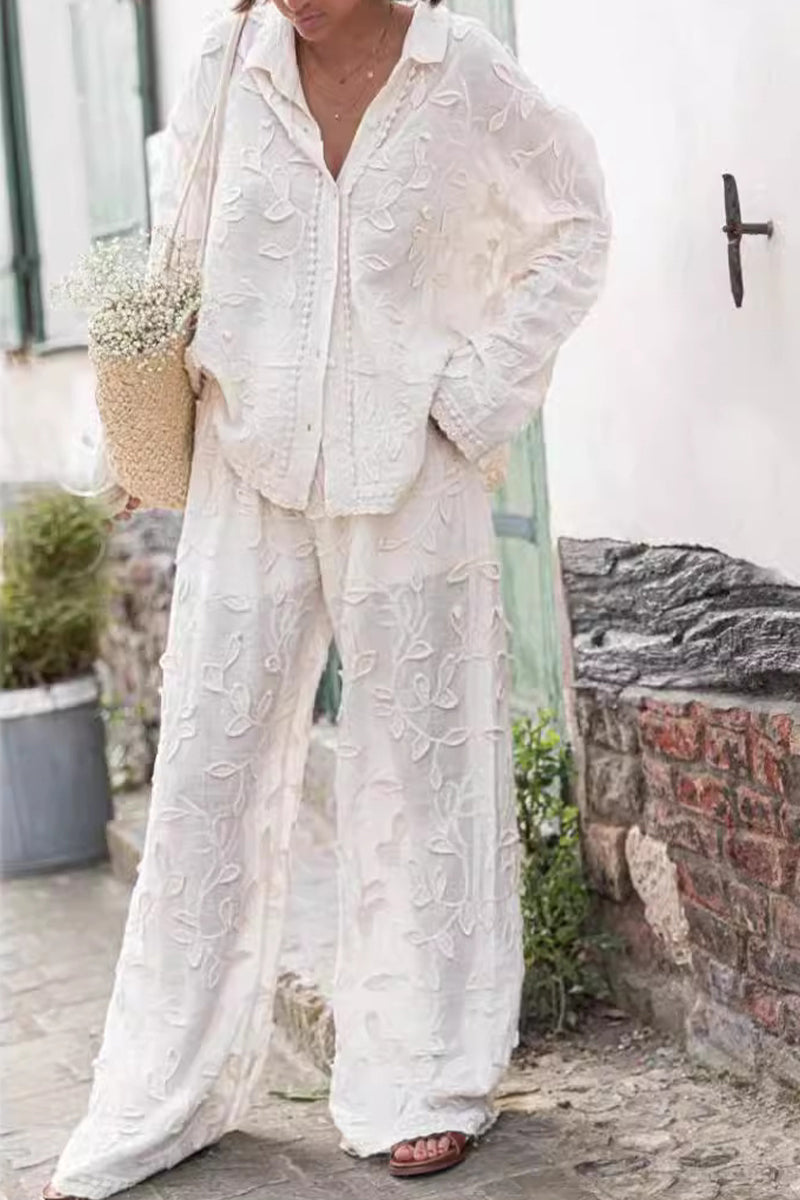 Casual Solid Jacquard Turndown Collar Long Sleeve Two Pieces White