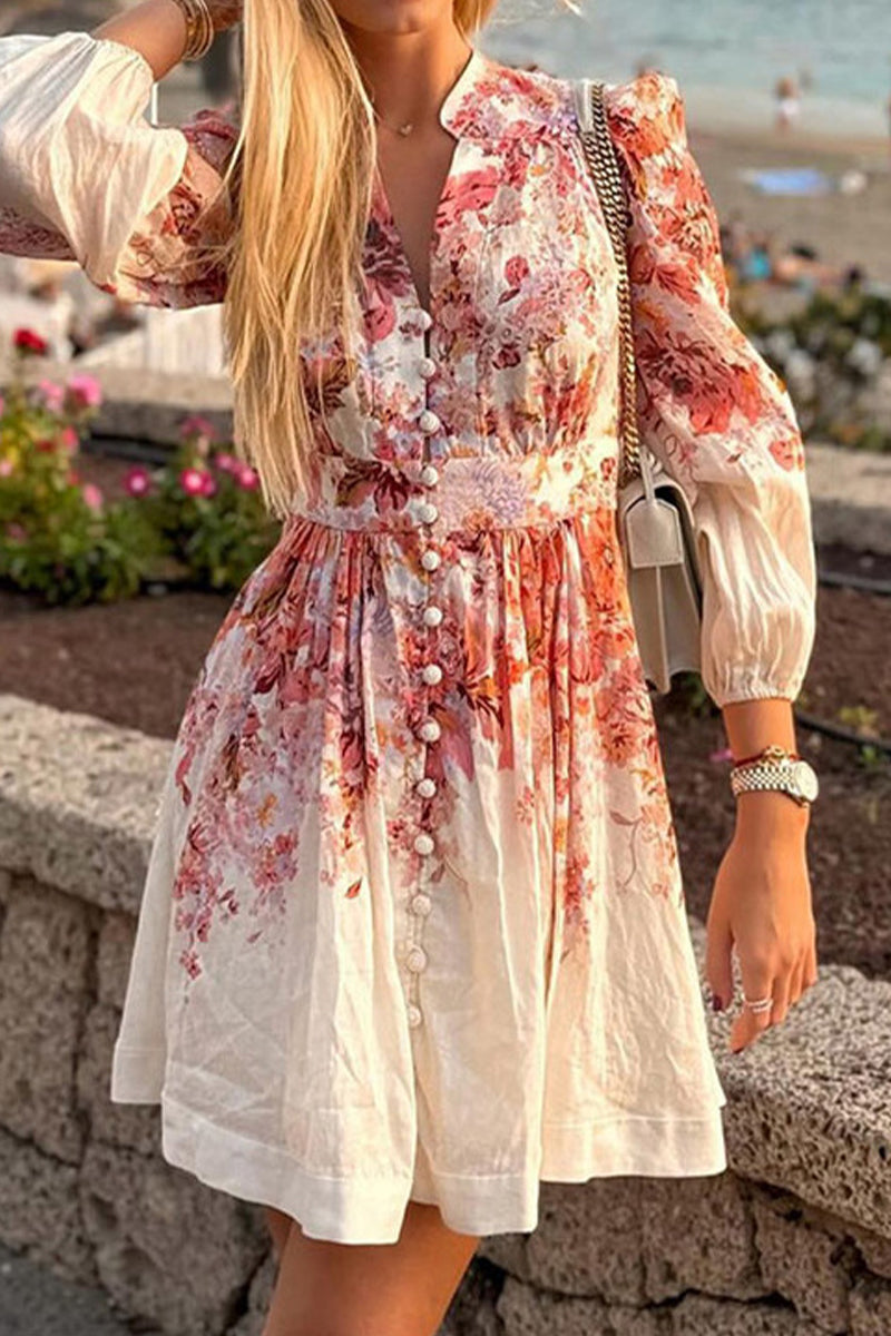 Elegant Floral Buckle V Neck A Line Dresses