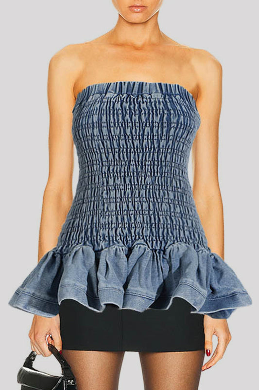 Sexy Casual Solid Backless Strapless Sleeveless Skinny Denim Tops Blue